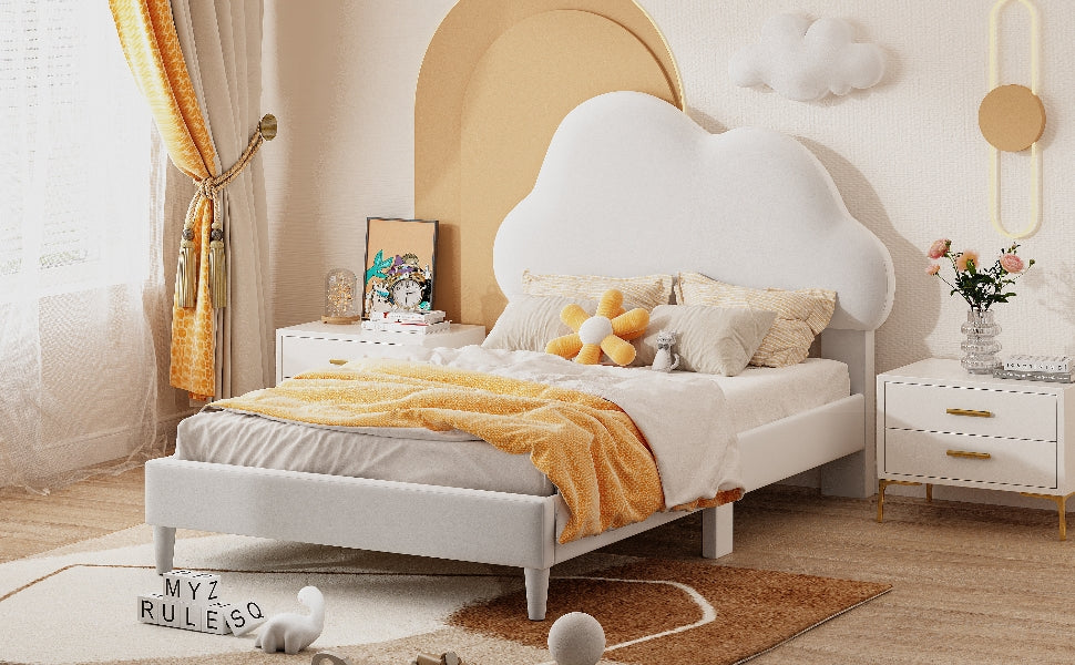 Twin Size Upholstered Cloud-Shape Bed ,Velvet Platform Bed with Headboard,No Box-spring Needed,Beige - V.I.P Digital Presence