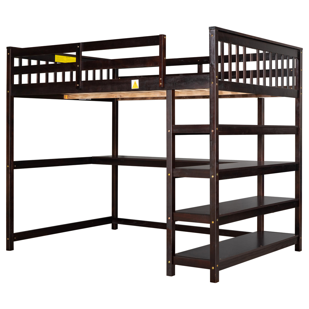 Full Size Loft Bed with Storage Shelves and Under-bed Desk Espresso