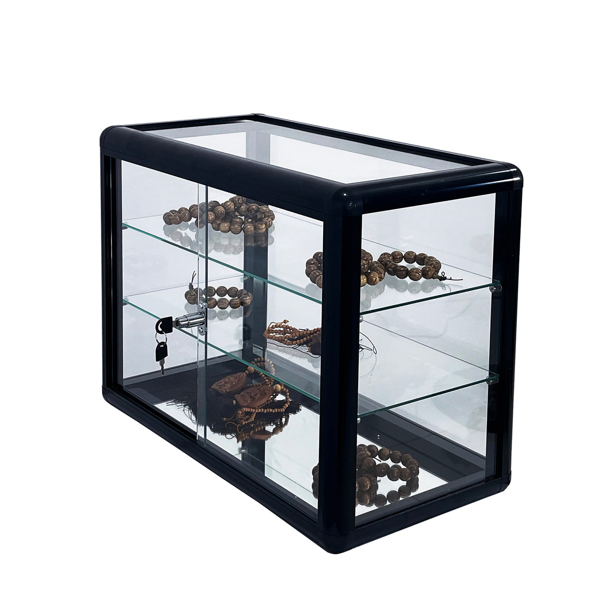 Tempered glass counter top display cabinet with sliding glass door and lock, standard aluminum frame - V.I.P Digital Presence