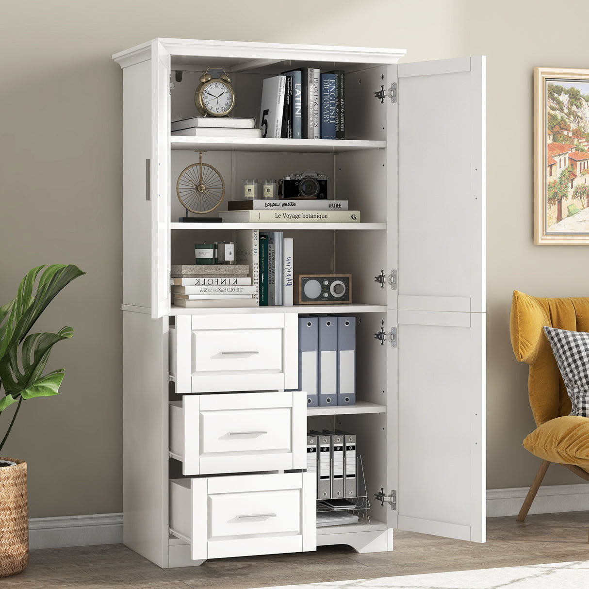 Tall and Wide Storage Cabinet with Doors for Bathroom/Office, Three Drawers, White - V.I.P Digital Presence