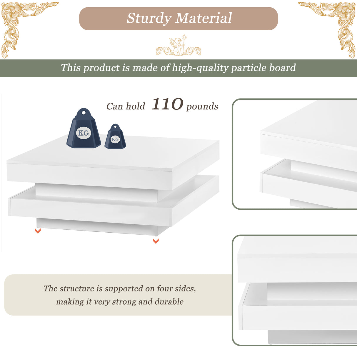 ON-TREND High Gloss Minimalist Design with LED Lights 2-Tier Square Coffee Table White