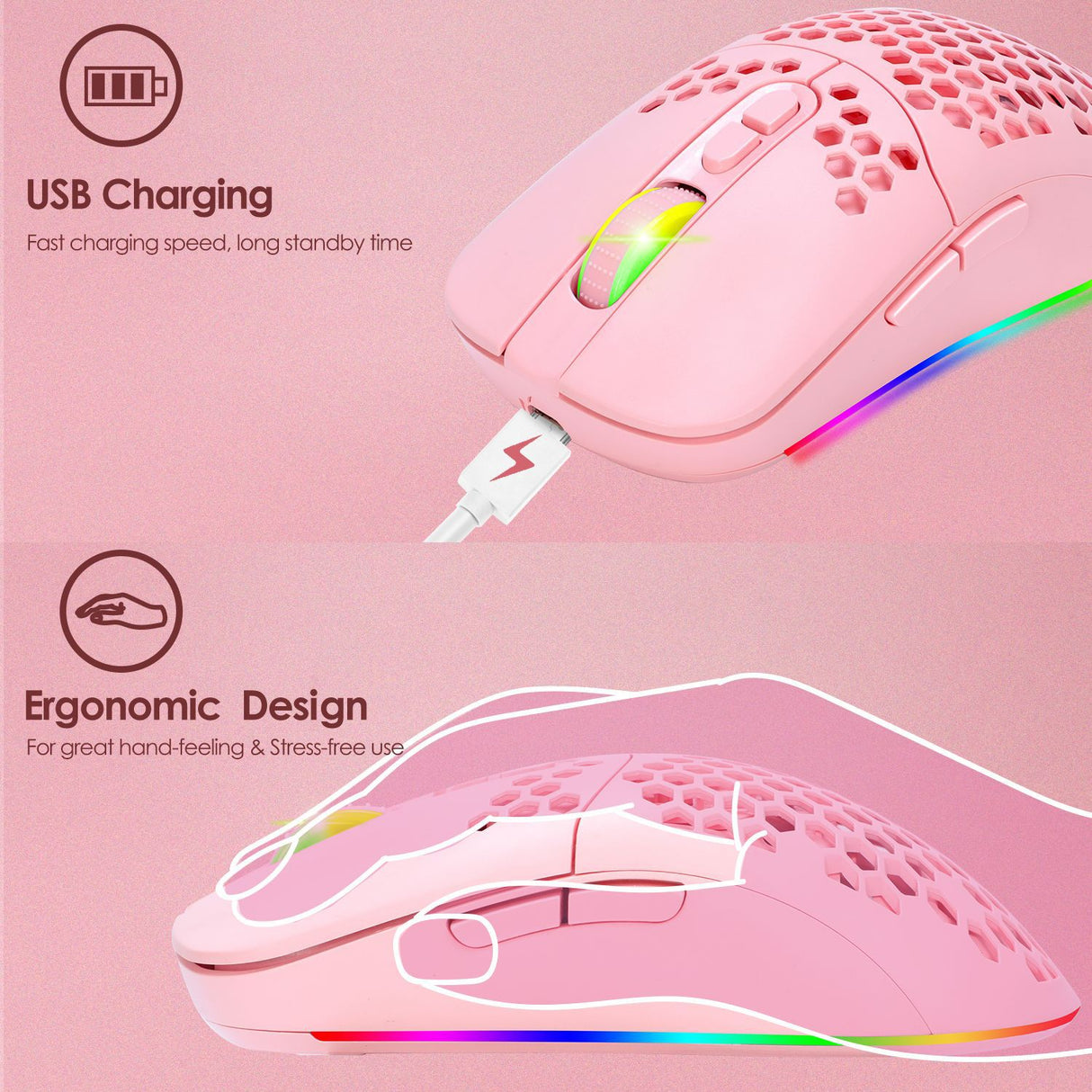 Charging hole the third mock examination Bluetooth wireless mouse lightweight mute cellular RGB light-emitting pink mouse - V.I.P Digital Presence