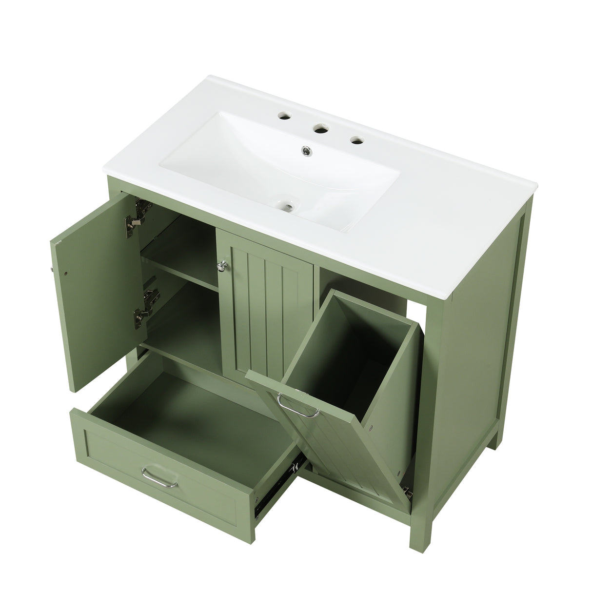 36 inch bathroom vanity with sink, one double door cabinet one large drawer and one flip drawer solid wood and MDF board, green - V.I.P Digital Presence