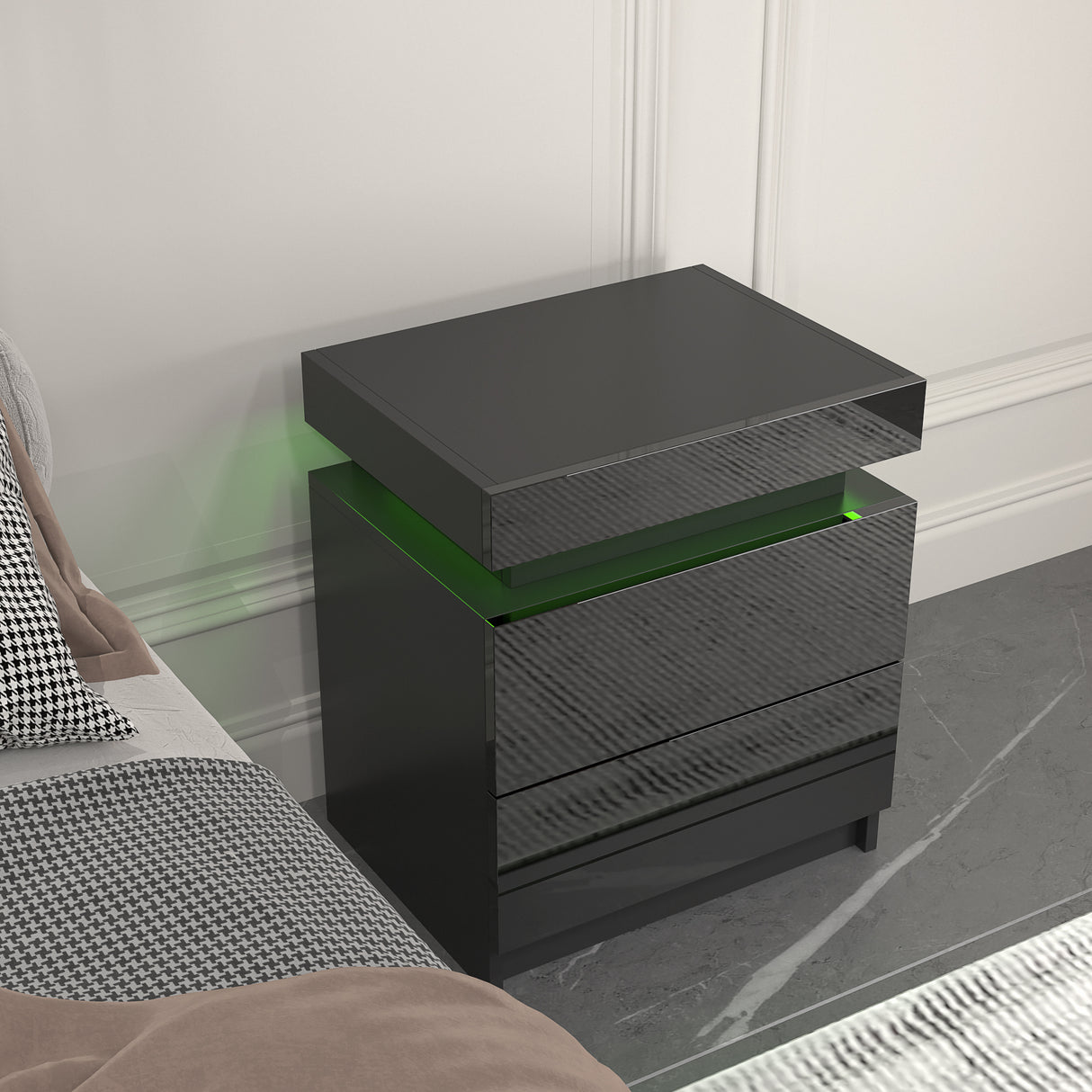 Modern Black LED Nightstand with Led Lights Bedside table with 2 High Gloss Drawers for Bedroom - V.I.P Digital Presence