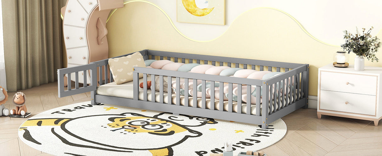 Twin Size Bed Floor Bed with Safety Guardrails and Door for Kids, Gray - V.I.P Digital Presence