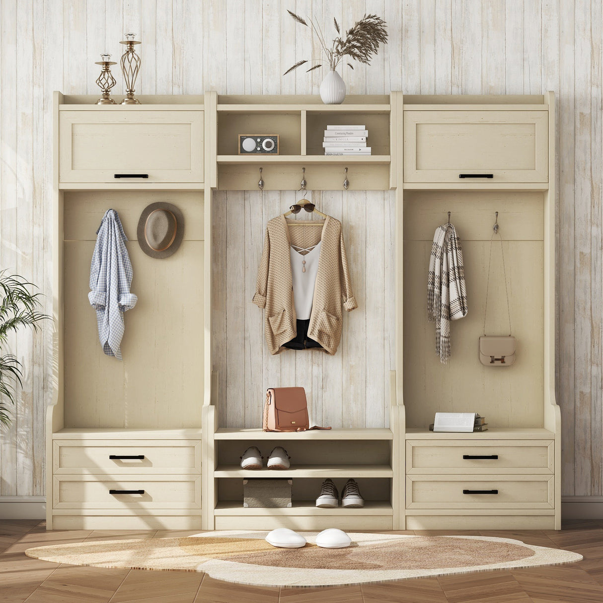 Four in one detachable hall tree with drawers and cabinets, 7 hooks, multifunctional corridor hangers, antique beige shoe stools - V.I.P Digital Presence