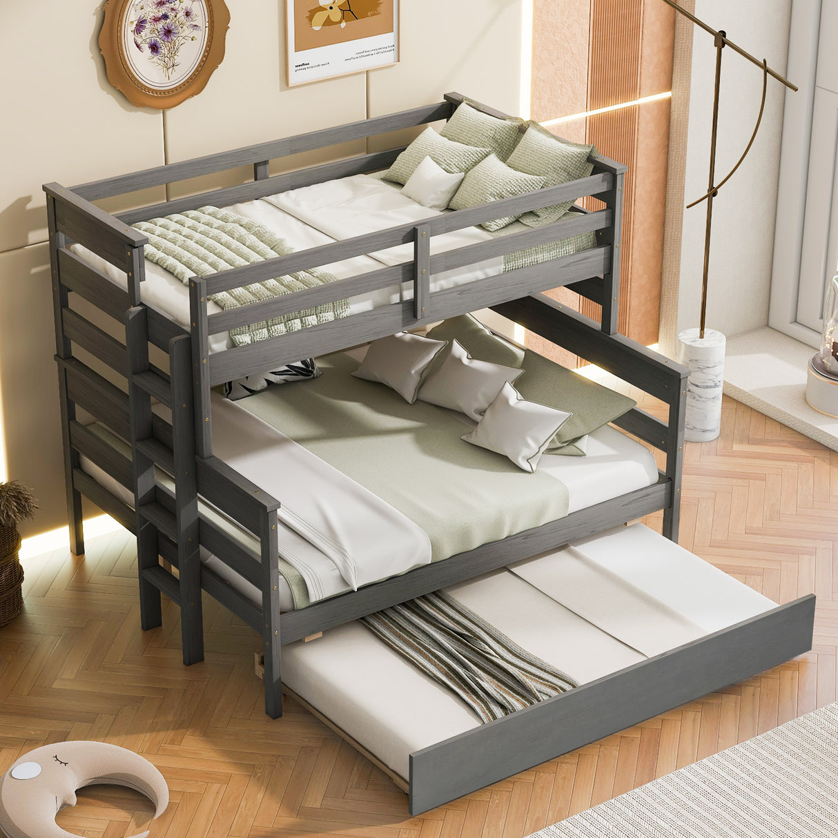 Wood Twin over Full Bunk Bed with Twin Size Trundle Gray