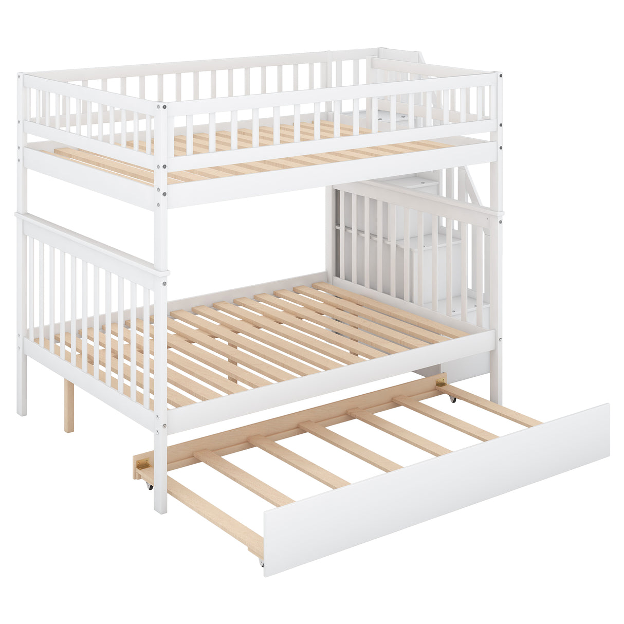 Full over Full Bunk Bed with Trundle and Staircase White