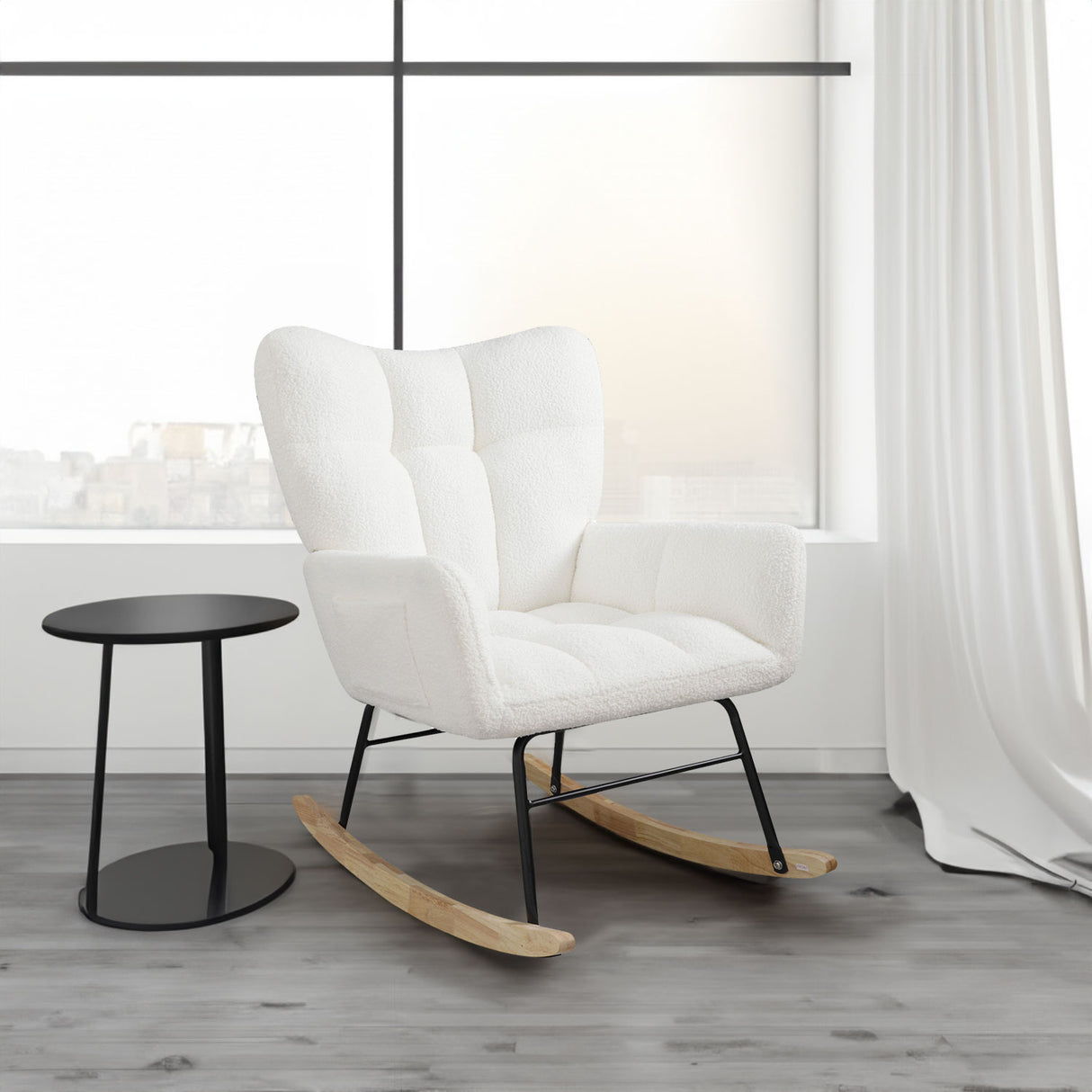 Teddy fabric rocking chair, cushioned rocking chair with high backrest, modern rocking chair, white - V.I.P Digital Presence