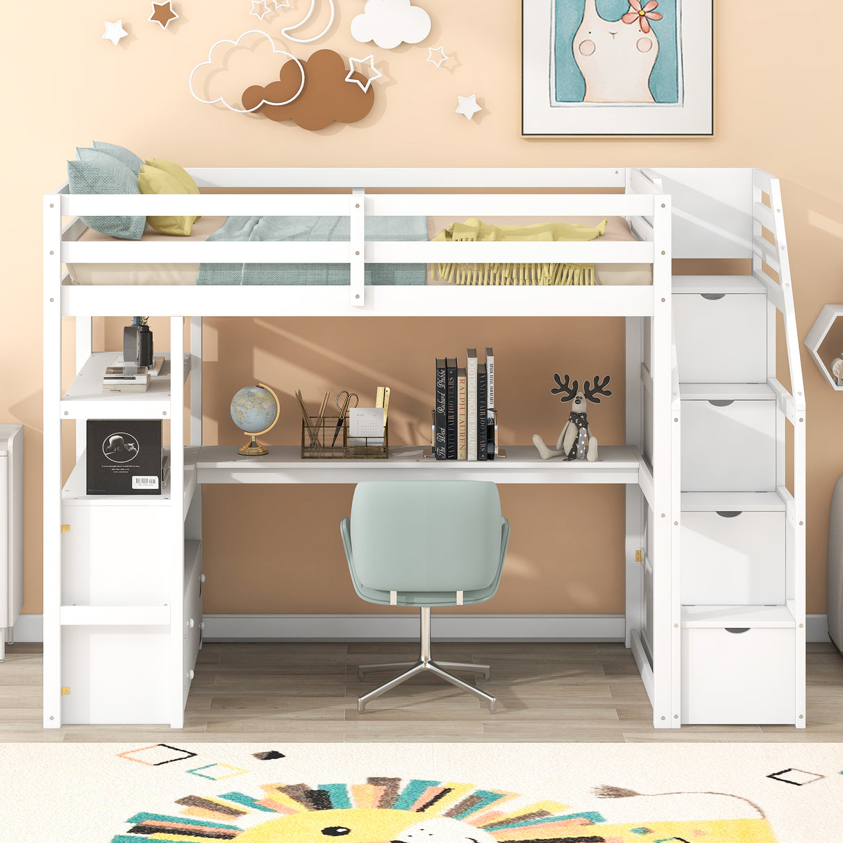 Twin Size Loft Bed with Desk and Shelves Two Built-in Drawers Storage Staircase White
