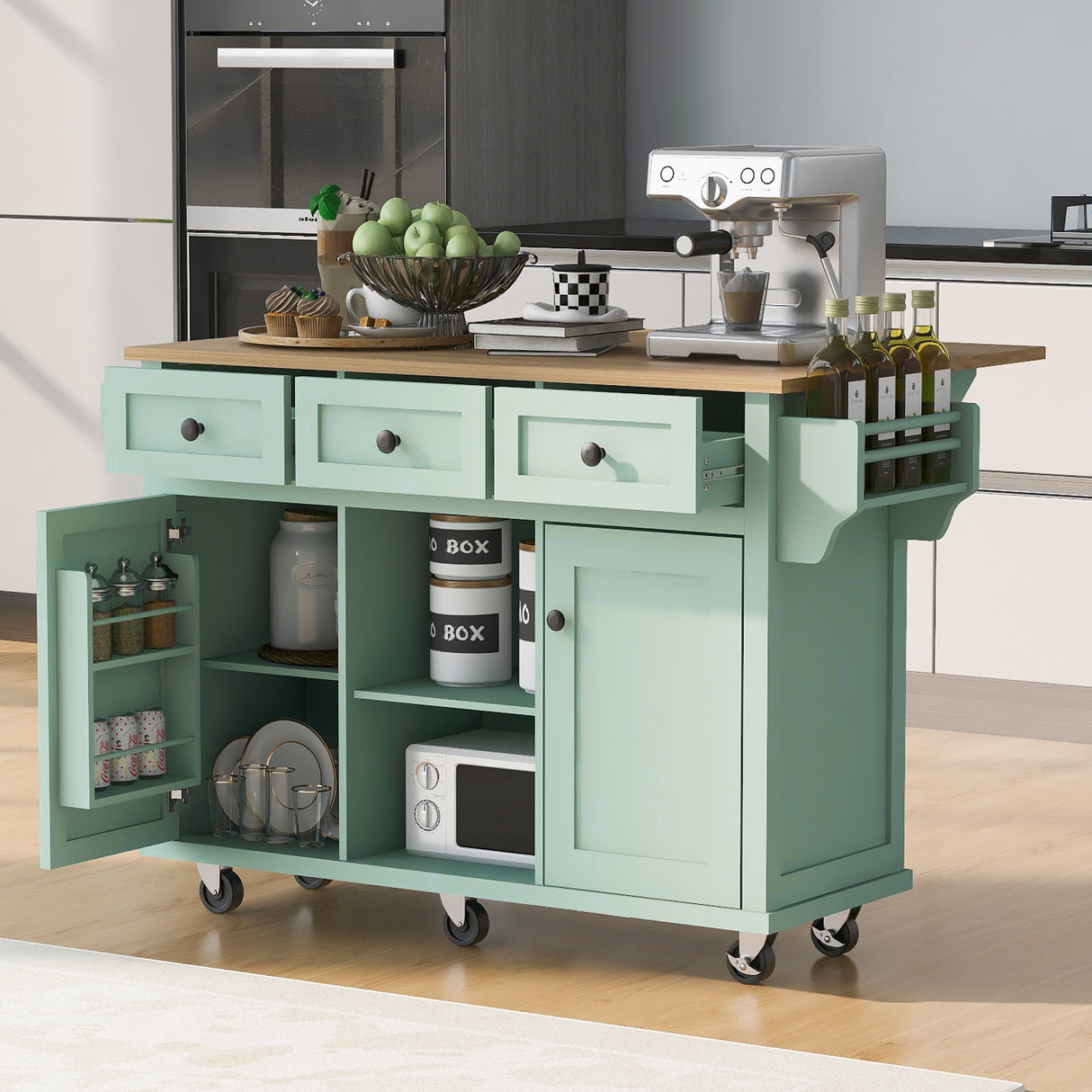 Kitchen trolley, cabinet door internal storage rack with storage cabinet and 3 dining room drawers, mint green - V.I.P Digital Presence