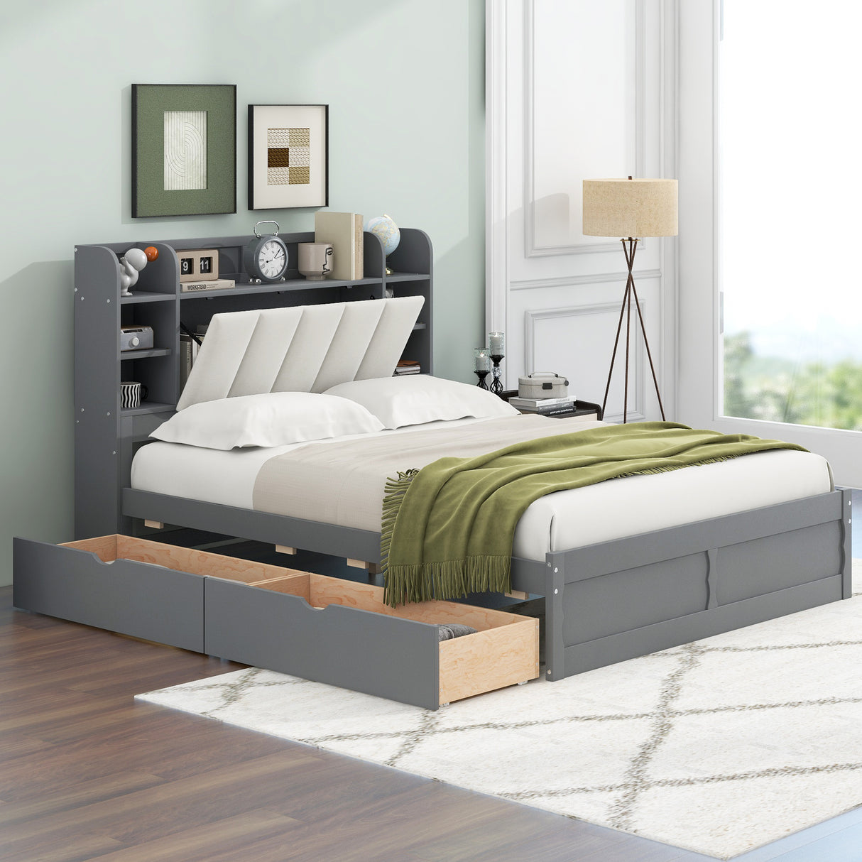 Wood Queen Size Platform Bed with Storage Headboard Shelves and 2 Drawers Gray