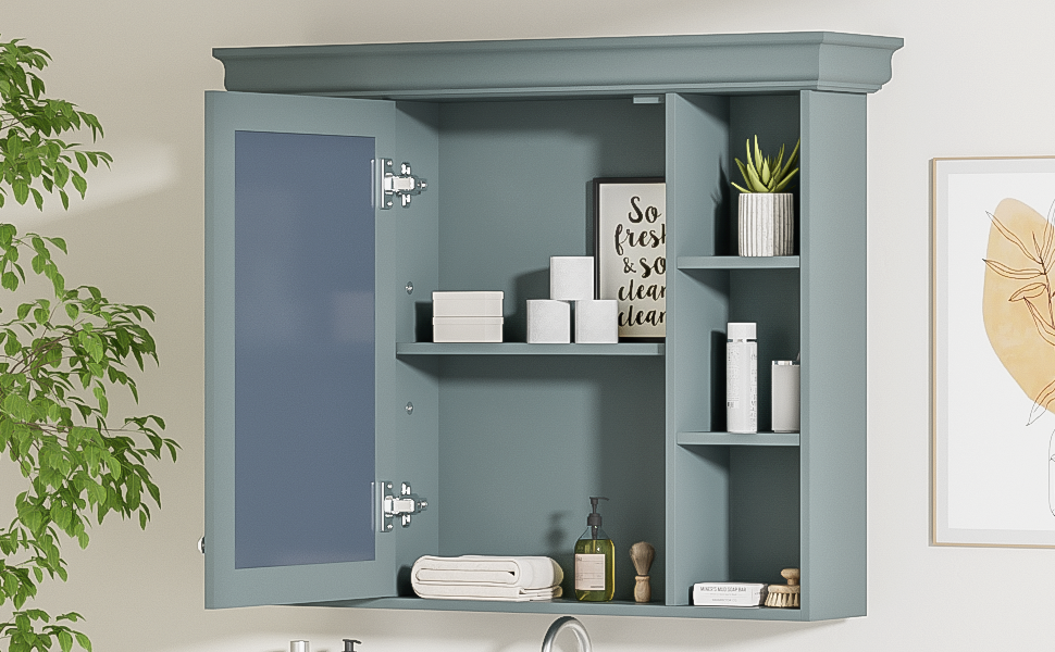 35 ''x 28' 'blue wall mounted bathroom storage cabinet with mirror door and medication cabinet with 6 open shelves - V.I.P Digital Presence