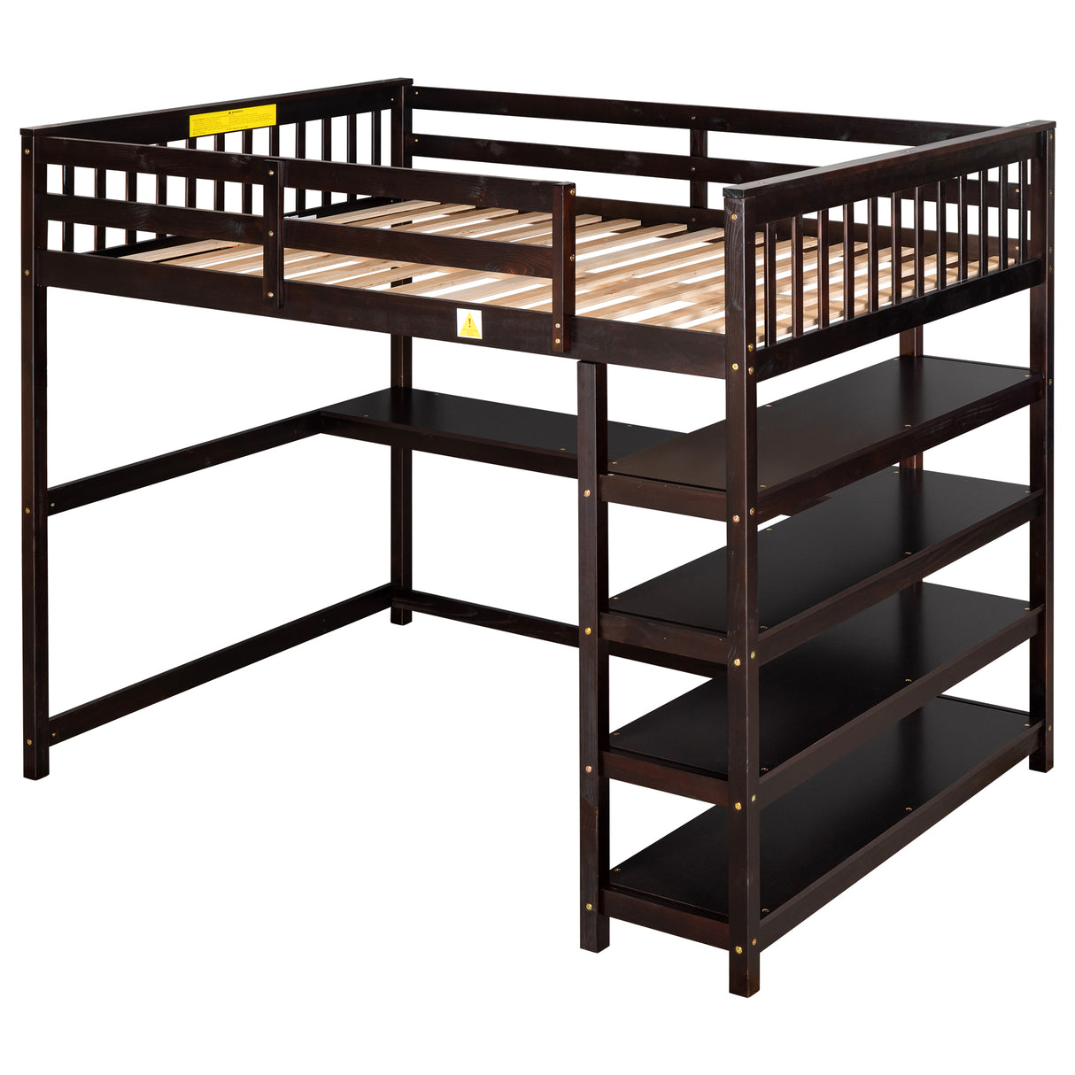 Full Size Loft Bed with Storage Shelves and Under-bed Desk Espresso