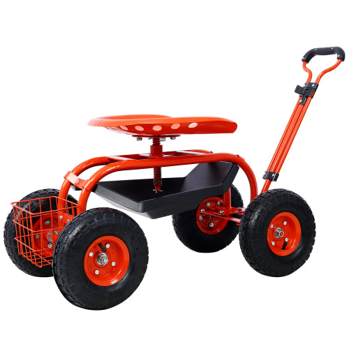Garden cart rolling scooter, adjustable height with 4 wheels and extendable handle with 360 degree seat and tool tray (red) - V.I.P Digital Presence