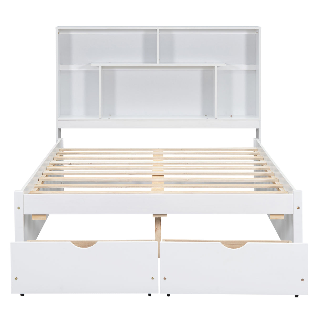 Full Size Platform Bed with Storage Headboard and 2 Drawers, White - V.I.P Digital Presence