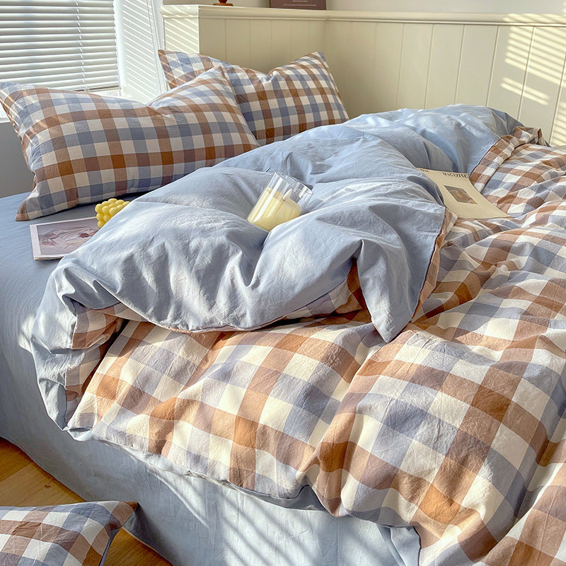 Cotton Dyed Washed Cotton Bedding Set Pure Cotton A Class Flat Sheet Quilt Cover Fitted Sheet Quilt Cover Three-Piece Set Striped