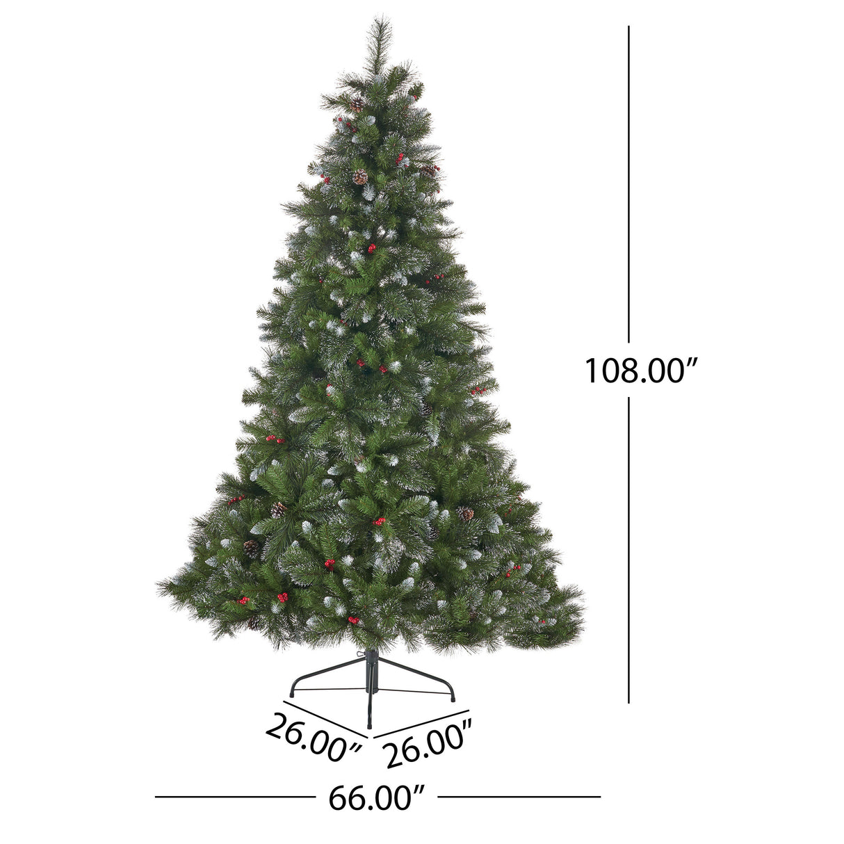9' Glitter Bristle Mixed Hinged Tree with 72 Red Berry and 73 Pine Cones and 2099 tips,Dia:66 - V.I.P Digital Presence