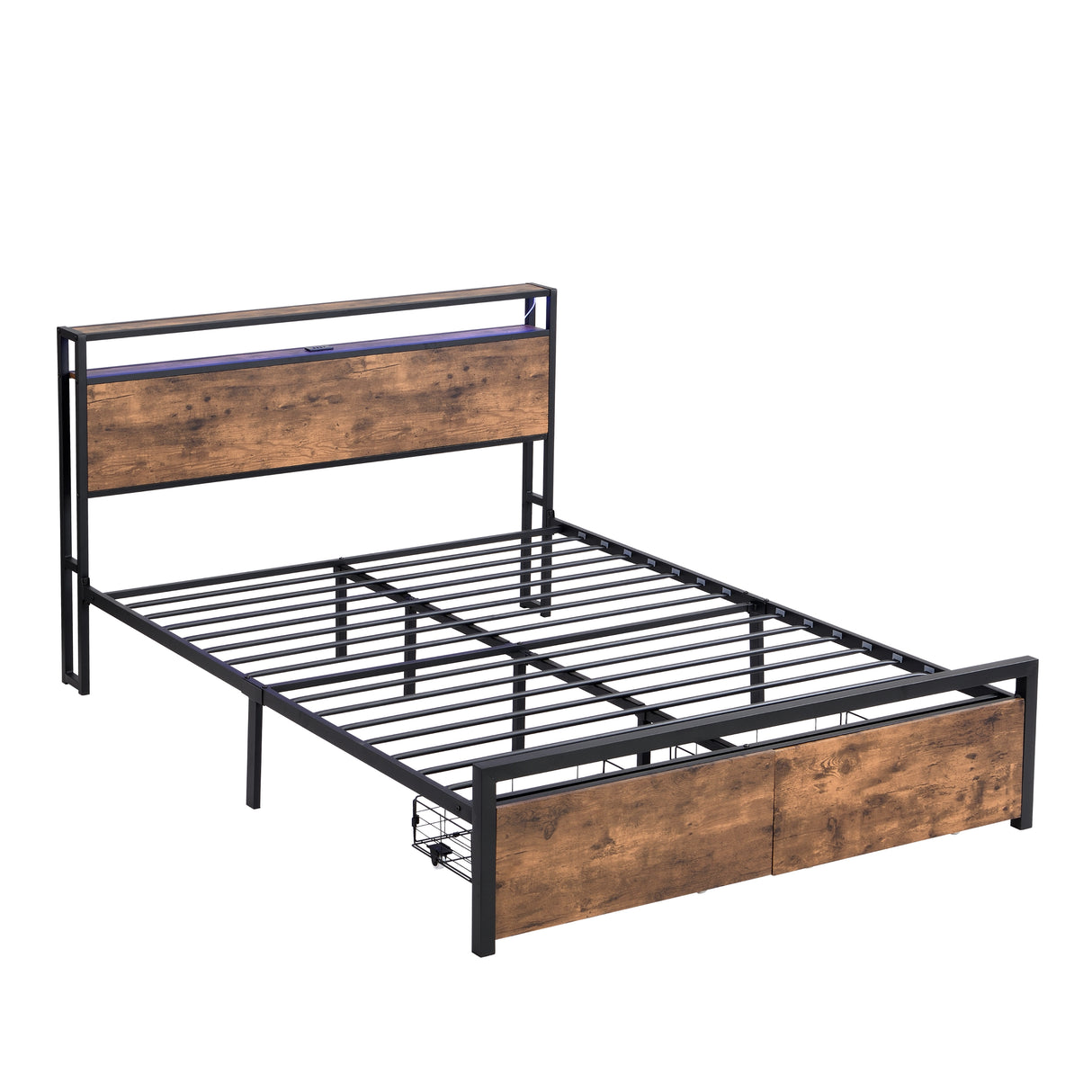 Large bed frame with storage headboard and 2 drawers, LED light bed, charging station, metal platform bed - V.I.P Digital Presence
