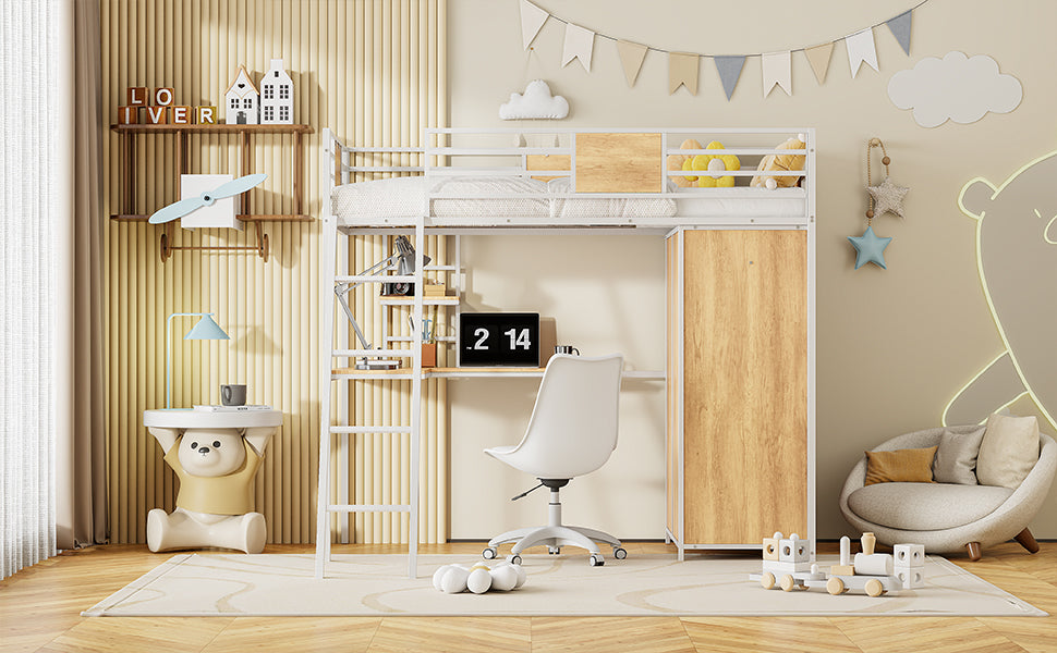 Twin Size Loft bed with L-shape Desk and Wardrobe, White - V.I.P Digital Presence