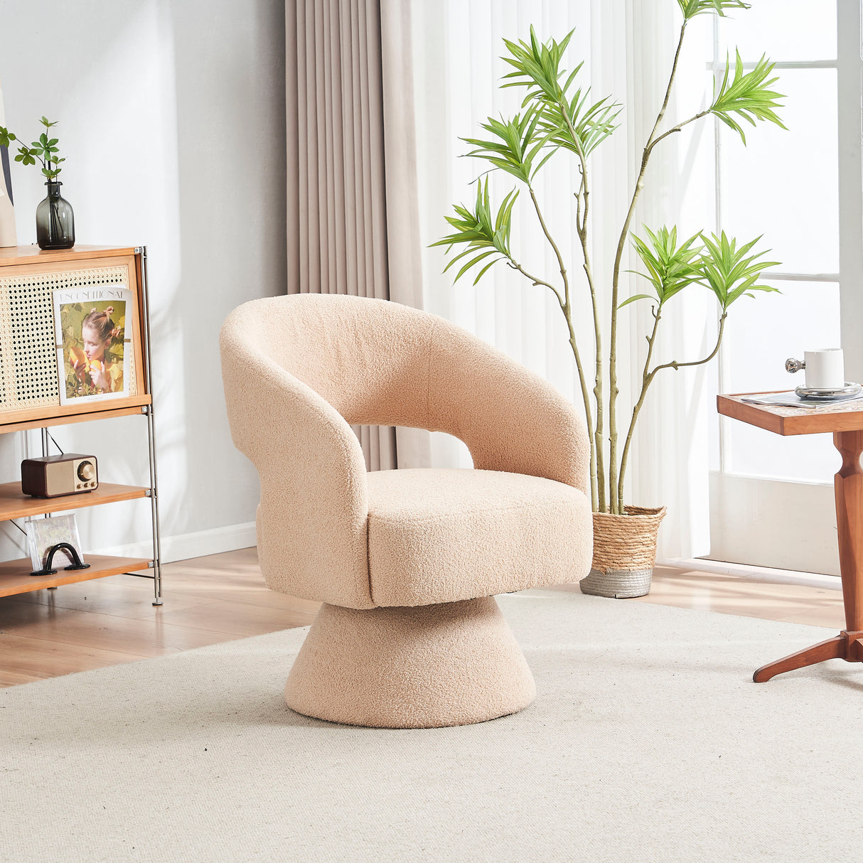 Swivel Accent Chair Armchair Round Barrel Chair in Fabric for Living Room Bedroom Nude Teddy