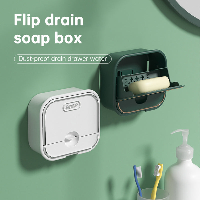 Non Perforated Wall Mounted Soap Storage Rack With Double Layer Drainage Flip Cover For Toilet Storage Household Soap Box - V.I.P Digital Presence