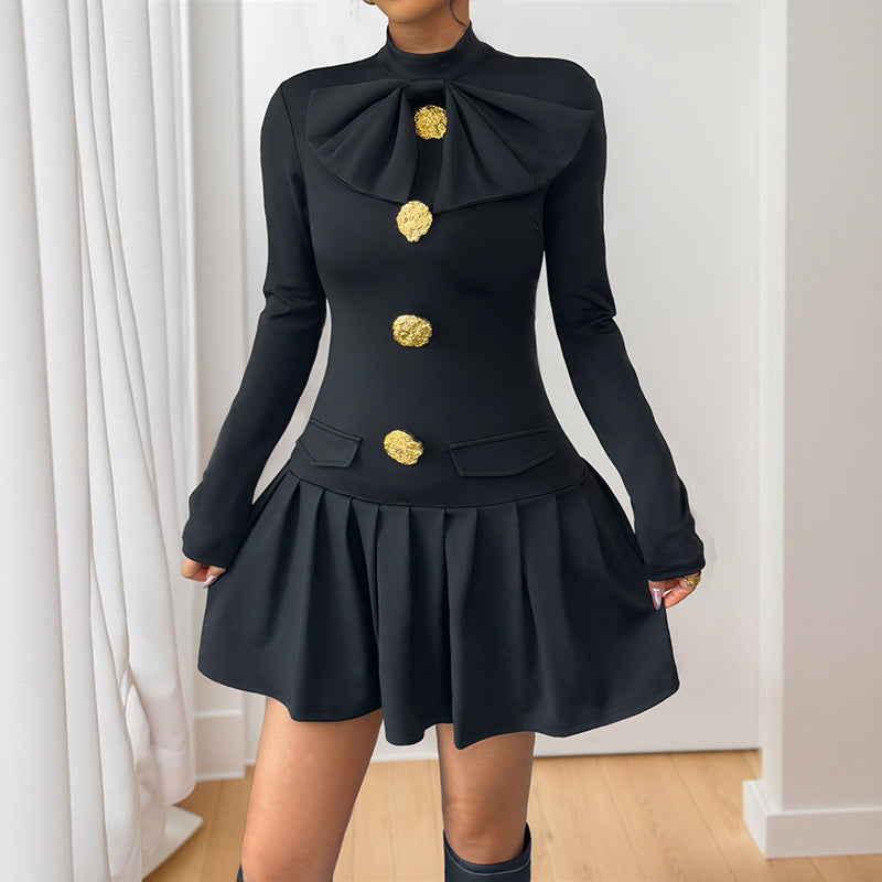 Bowknot Button Decorated Stand Collar Long Sleeve Dress - V.I.P Digital Presence