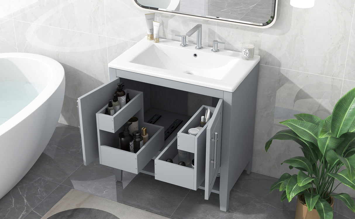 30" Bathroom Vanity with Sink, Multi-functional Bathroom Cabinet with Doors and Drawers, Solid Frame and MDF Board, Grey - V.I.P Digital Presence