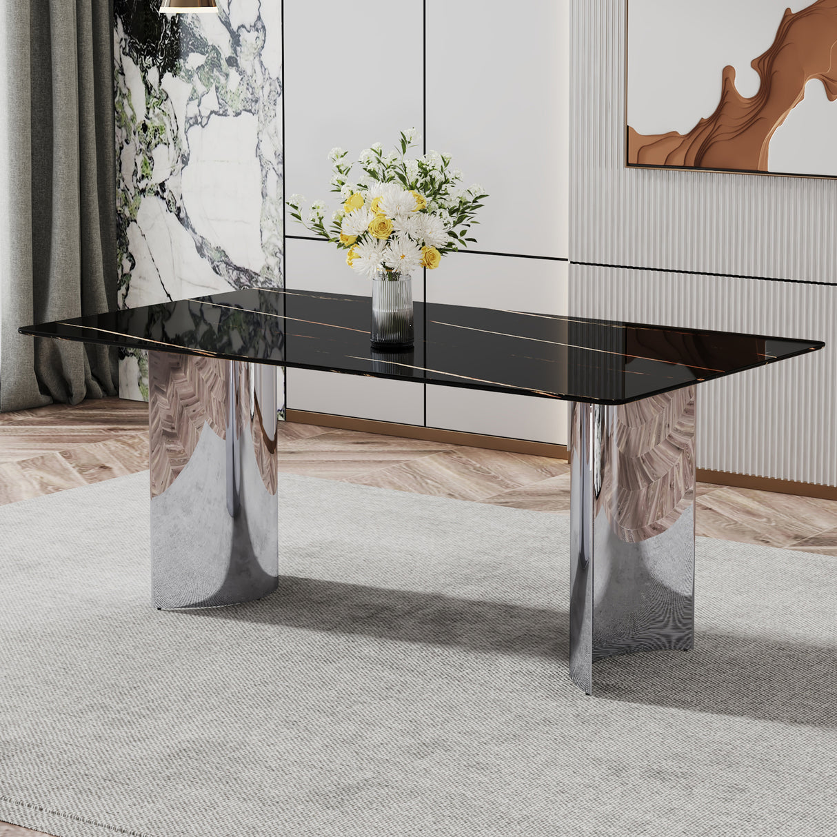 Modern minimalist dining table The black imitation marble glass desktop is equipped with silver metal legs - V.I.P Digital Presence