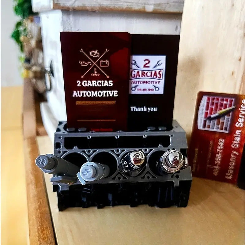 Engine Block Desk Organizer: Modern art for desktop/bookshelf. Holds business cards, a creative office accessory. - V.I.P Digital Presence