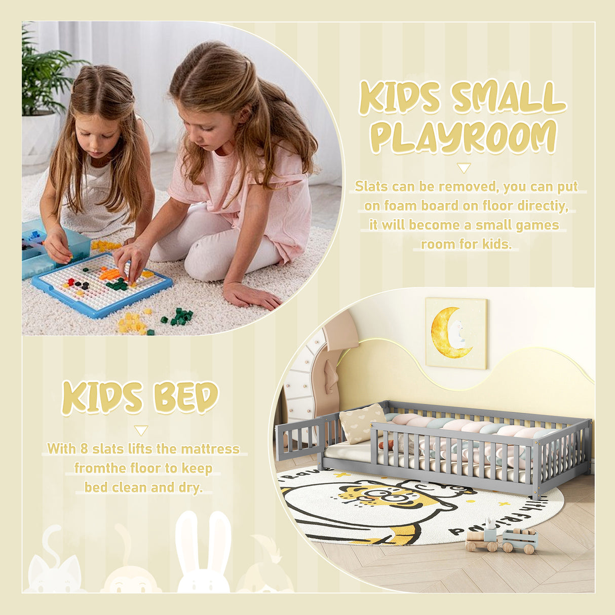 Twin Size Bed Floor Bed with Safety Guardrails and Door for Kids, Gray - V.I.P Digital Presence