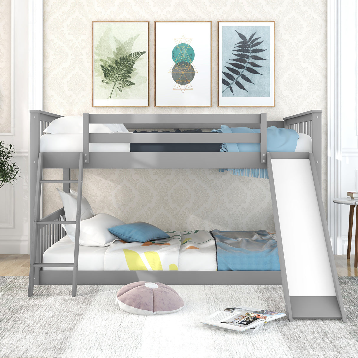 Full over Full Bunk Bed with Convertible Slide and Ladder Gray