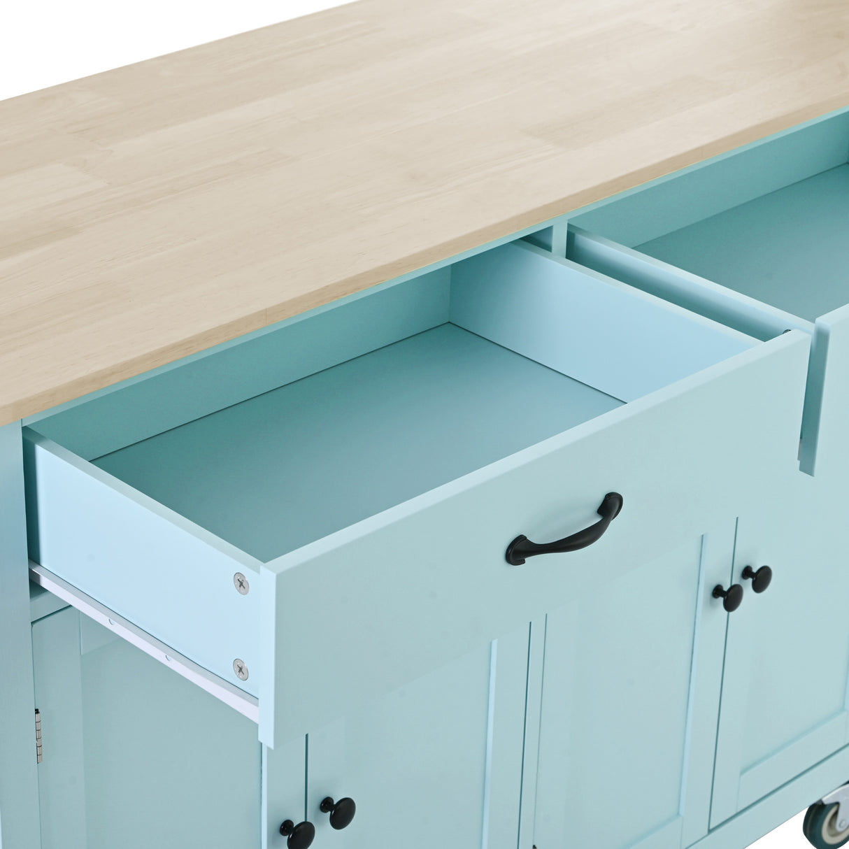 Kitchen Island Cart with 4 Door Cabinet and Two Drawers and 2 Locking Wheels - Solid Wood Top (Mint Green)