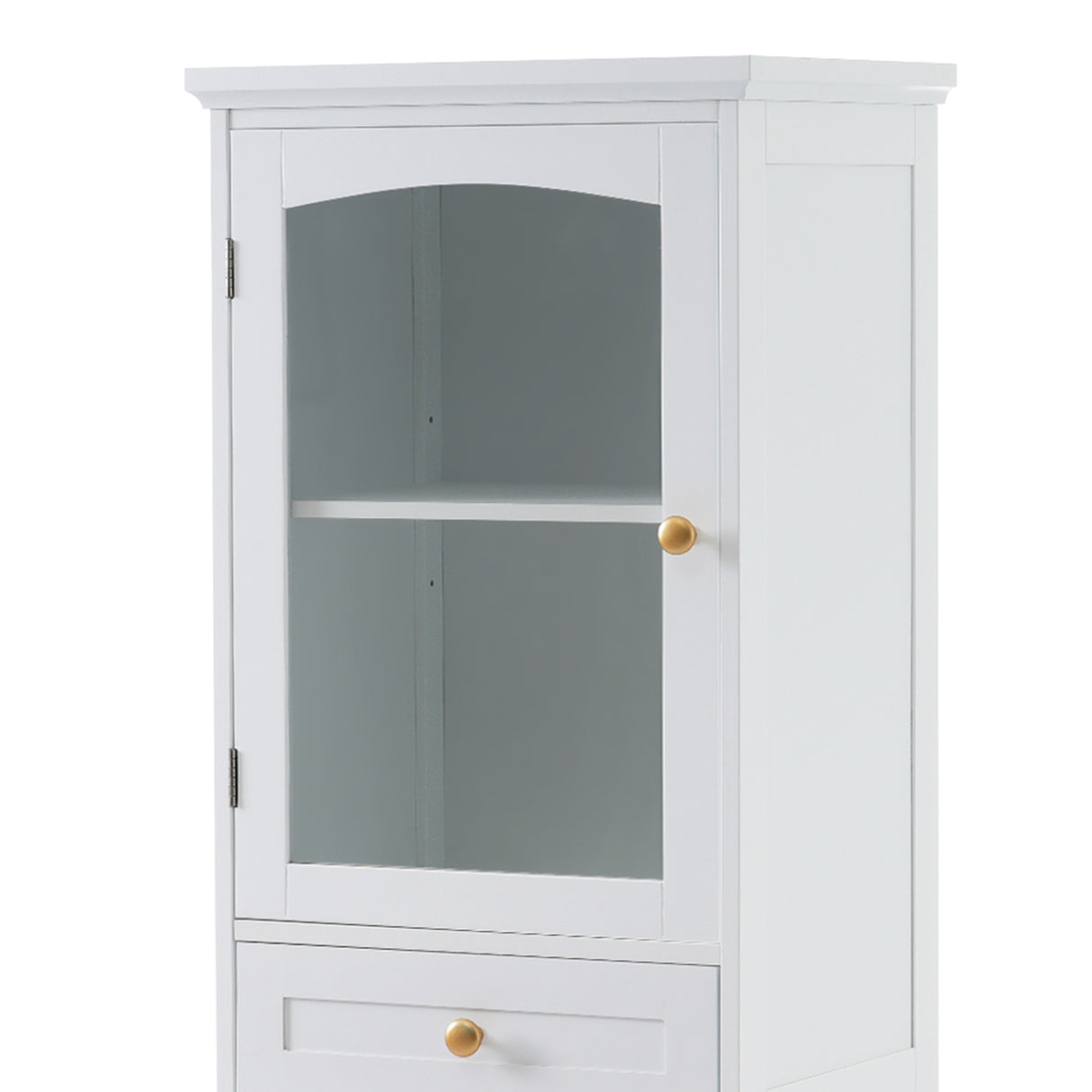 High bathroom storage cabinet with glass door, freestanding, two drawers and adjustable shelves, MDF board, painted white - V.I.P Digital Presence