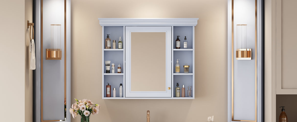35'' x 28'' Blue Wall Mounted Bathroom Storage Cabinet with Mirror Door, Modern Bathroom Wall Cabinet with Mirror - V.I.P Digital Presence