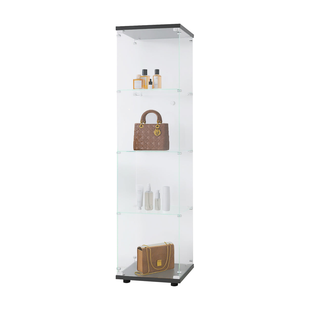 4 glass display cabinets with door shelves, floor standing antique bookshelf, 64.7 "* 16.7" * 14.3 ", black - V.I.P Digital Presence