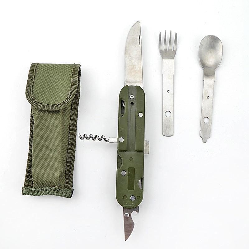 Cuchillo plegable para acampar, tenedor y cuchara combinados, vajilla de acero inoxidable, cuchillo y tenedor multifunción, desmontaje y montaje de vajilla.