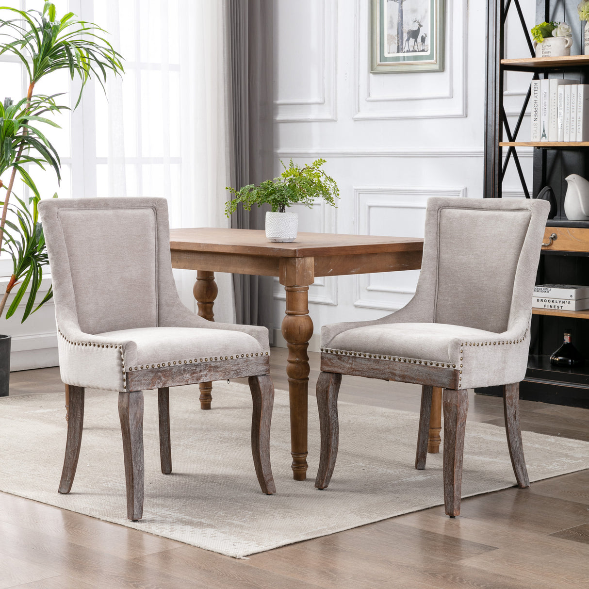 Ultra Side Dining Chair Thickened fabric chairs with neutrally toned solid wood legs Bronze nail head Set of 2 Beige
