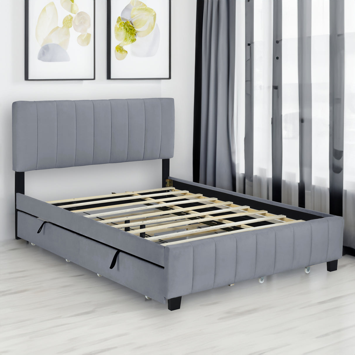 Queen Size Velvet Upholstered Platform Bed with 2 Drawers and 1 Twin XL Trundle- Gray - V.I.P Digital Presence