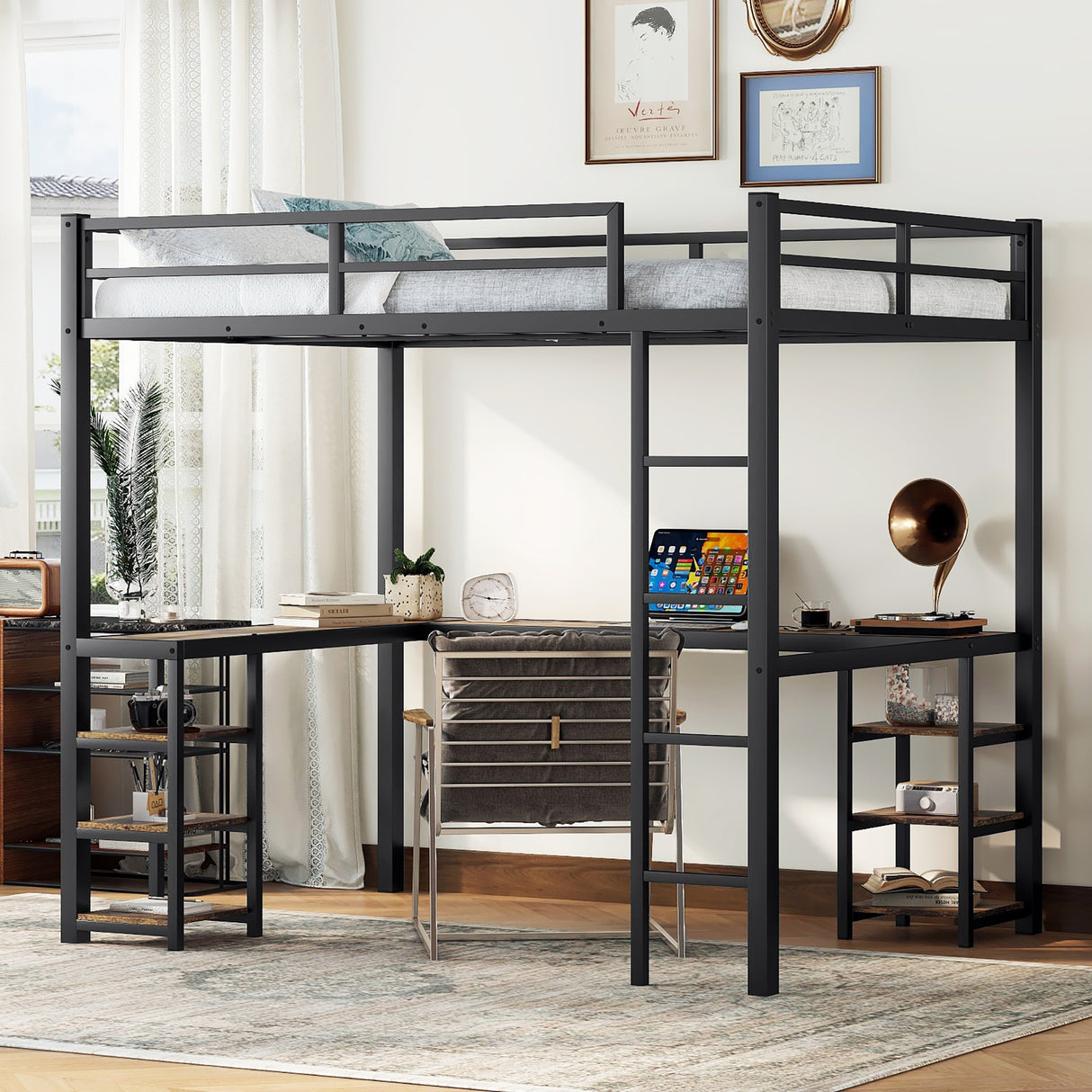 Full metal loft bed with desk and shelf, loft bed with ladder and guardrail, bedroom loft bed frame, black - V.I.P Digital Presence