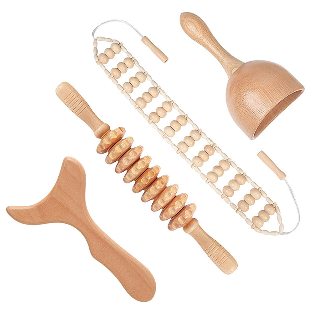 Beech wood therapy scraping cup, meridian dredging roller, tendon rolling stick, scraping board, head massager, massage set - V.I.P Digital Presence