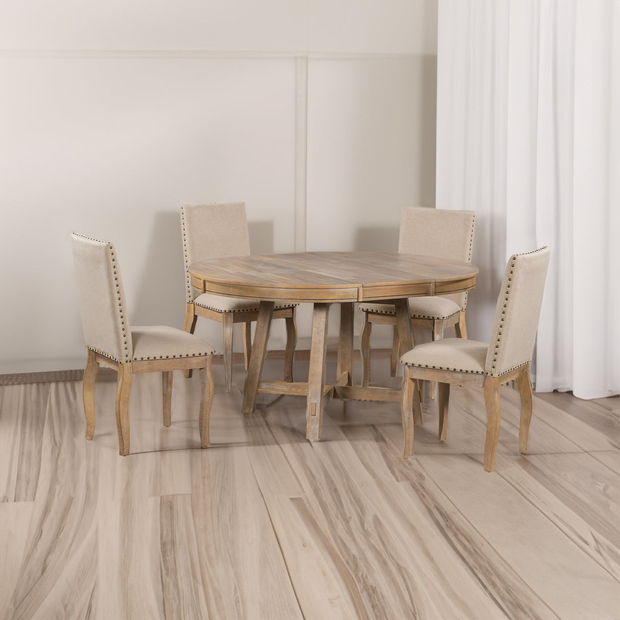 TREXM 5-Piece Farmhouse Dining Table Set Wood Round Extendable Dining Table and 4 Upholstered Dining Chairs (Natural Wood Wash)