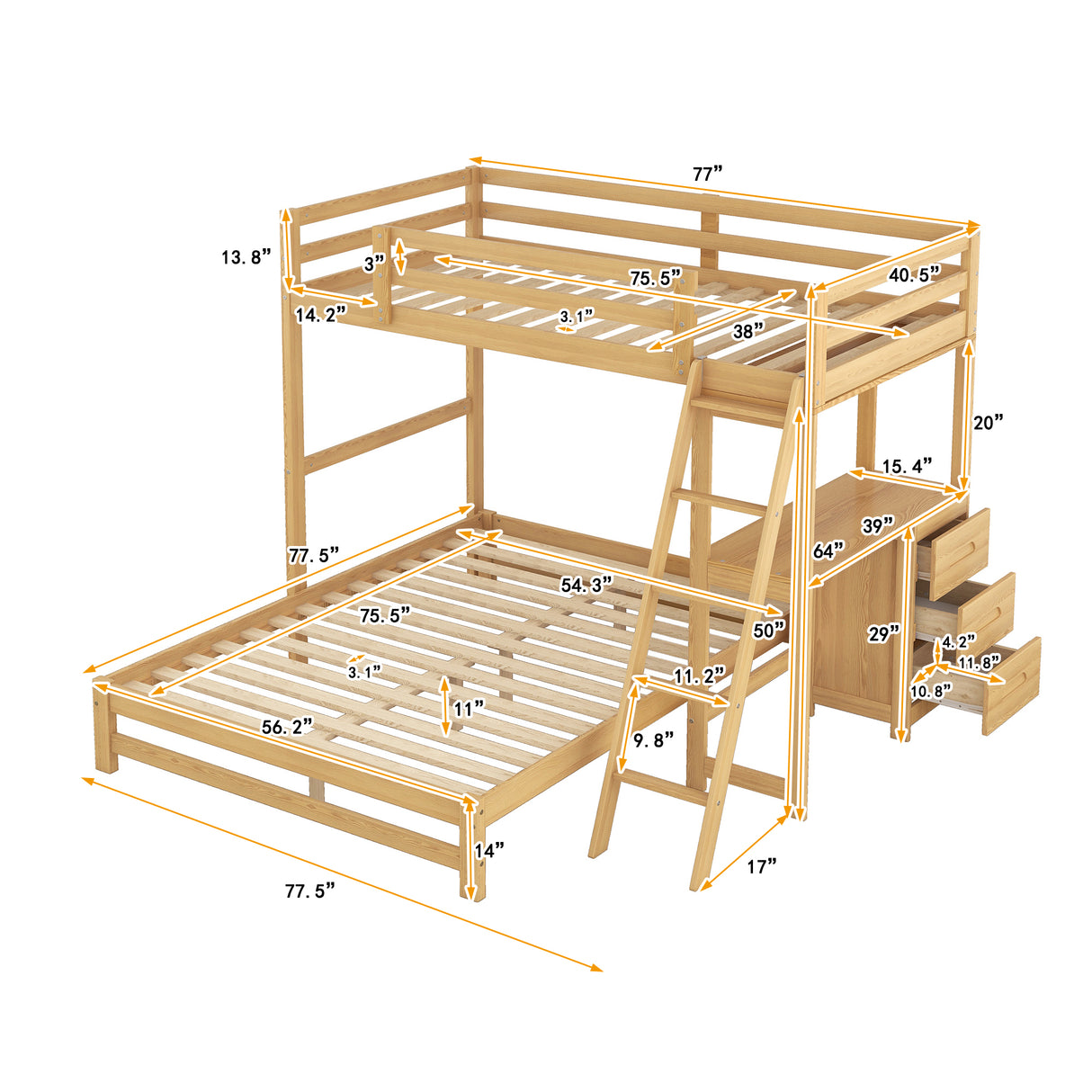 Twin over Full Bunk Bed with Built-in Desk and Three Drawers Natural