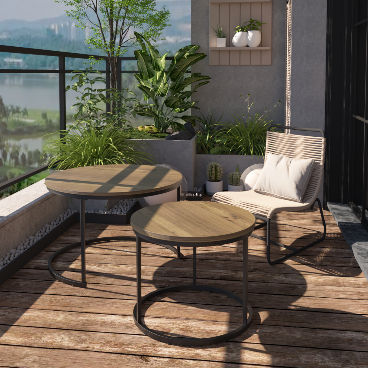 A set of nested coffee tables, 27.6-inch round coffee table, industrial wood veneer, with sturdy metal frame (brown) - V.I.P Digital Presence