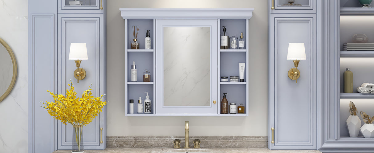 35'' x 28'' Blue Wall Mounted Bathroom Storage Cabinet with Mirror Door, Modern Bathroom Wall Cabinet with Mirror - V.I.P Digital Presence