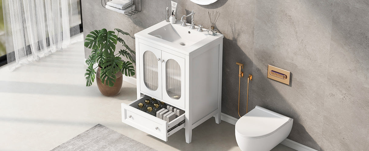 24" Bathroom Vanity with Sink, Bathroom Vanity Cabinet with One Drawer and Doors, Adjustable Shelf, Solid Wood and MDF, White - V.I.P Digital Presence