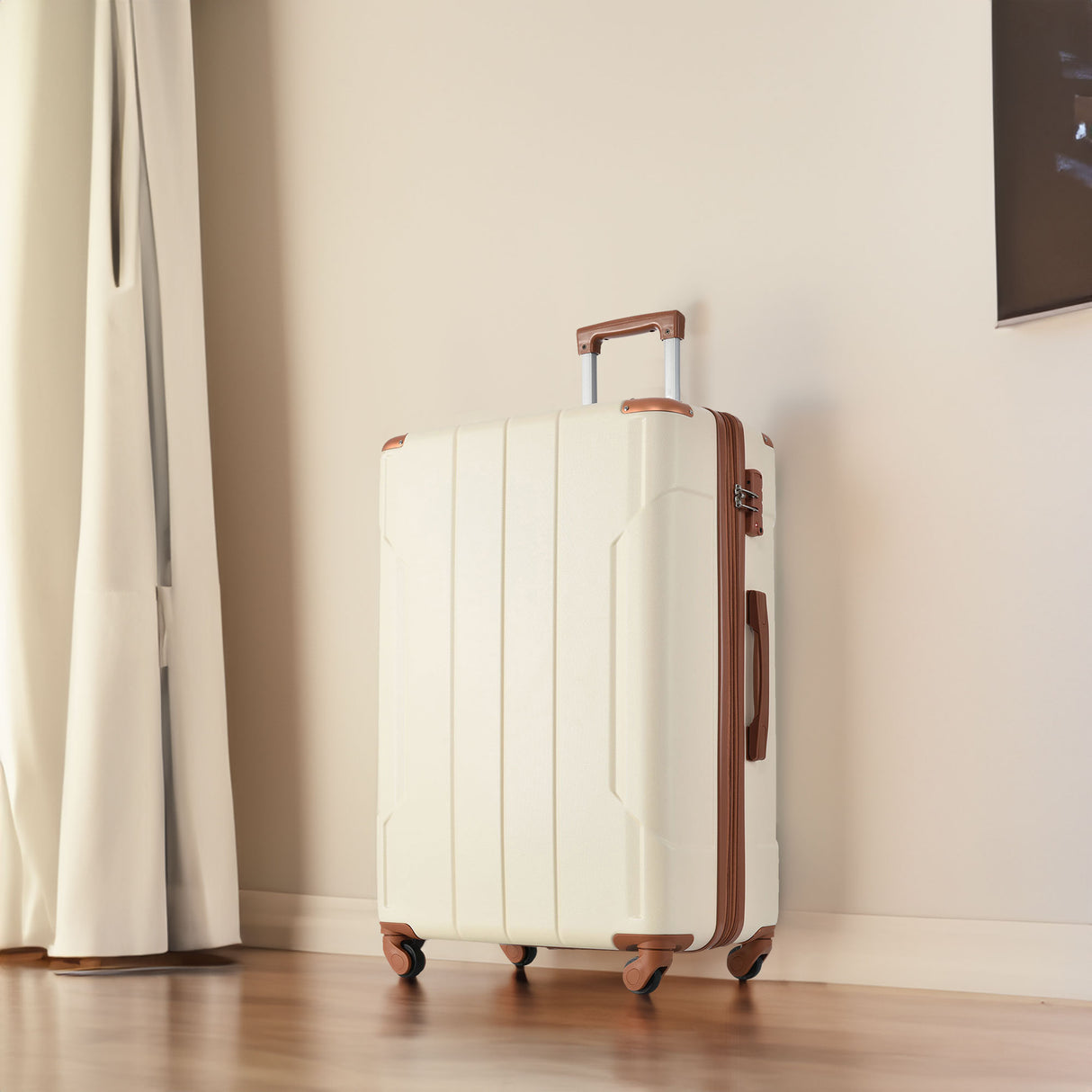 Hardshell Luggage Sets 3 Pcs Spinner Suitcase with TSA Lock Lightweight 20''24''28'' Brown white + ABS