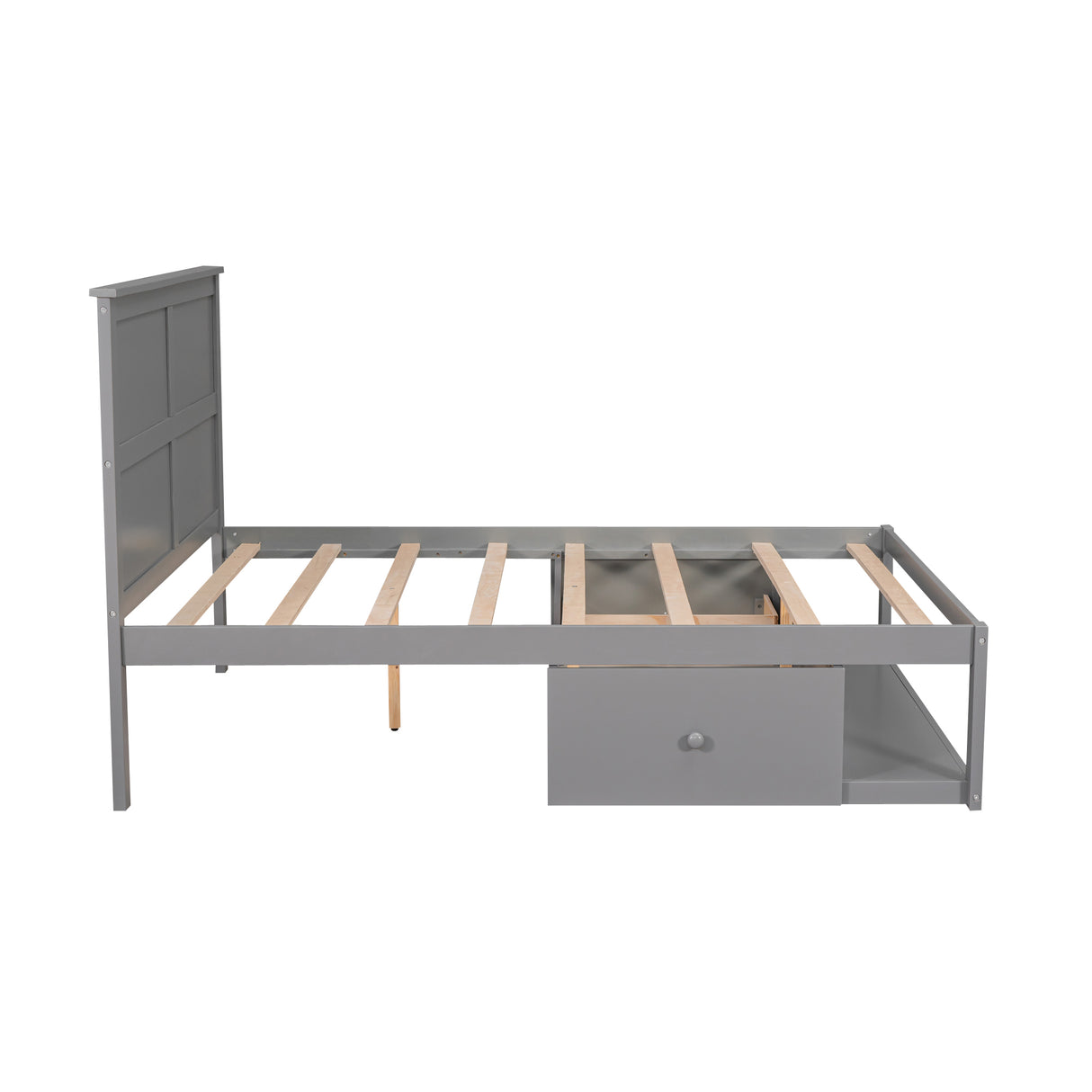 Full Size Platform Bed with Drawer on the Each Side and Shelf on the End of the Bed Gray