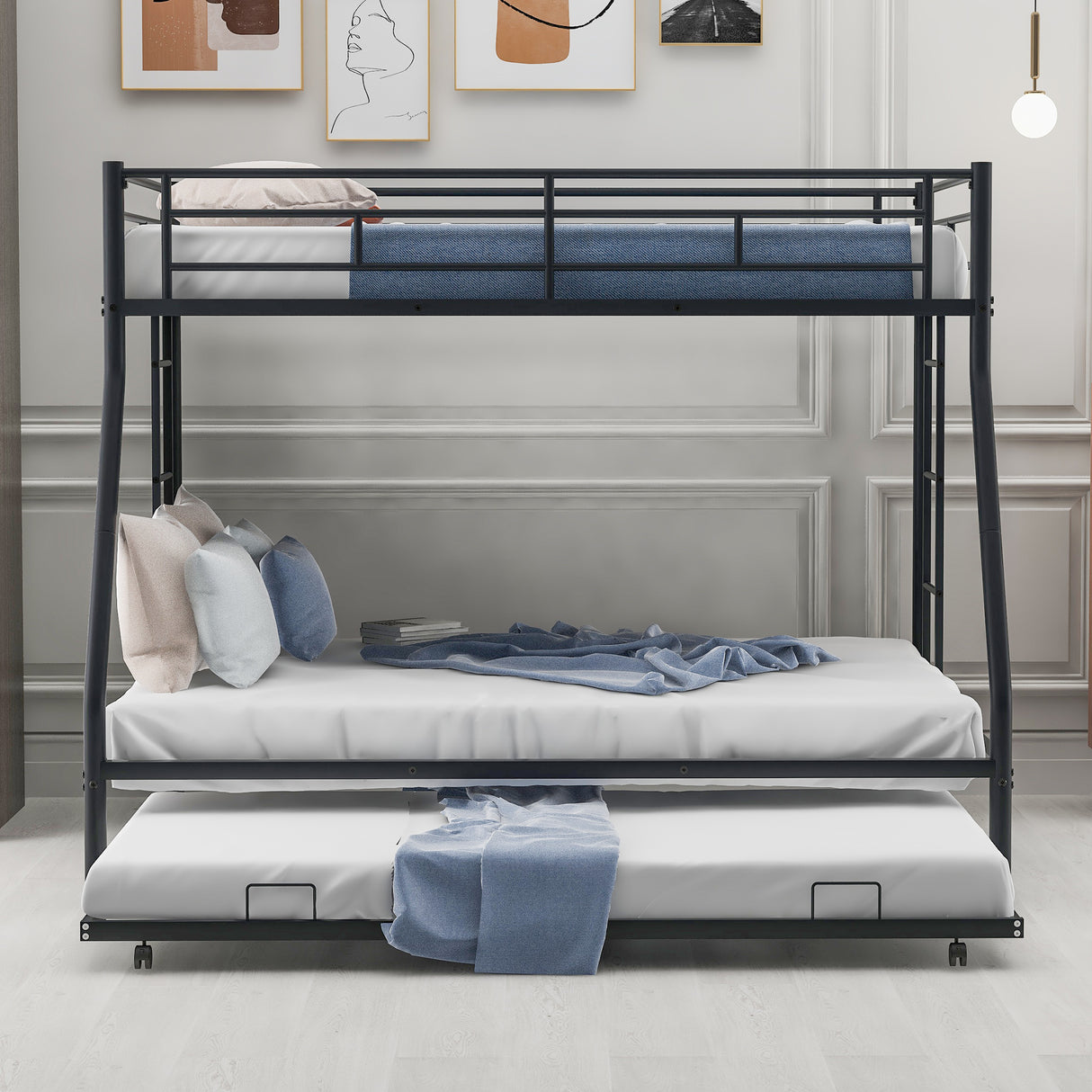 Twin over Full Bed with Sturdy Steel Frame Bunk Bed with Twin Size Trundle Two-Side Ladders Black