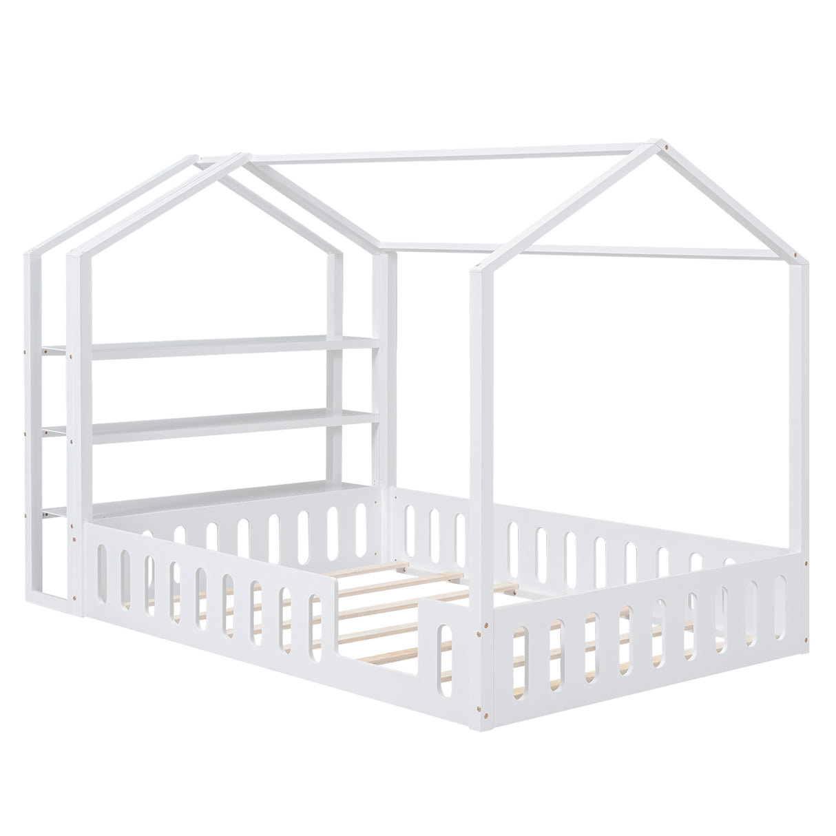 Full Size Wood House Bed with Fence and Detachable Storage Shelves, White